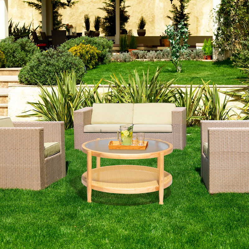 Rattan Coffee Table with Glass Top, Round Side Table for Living Room or Patio