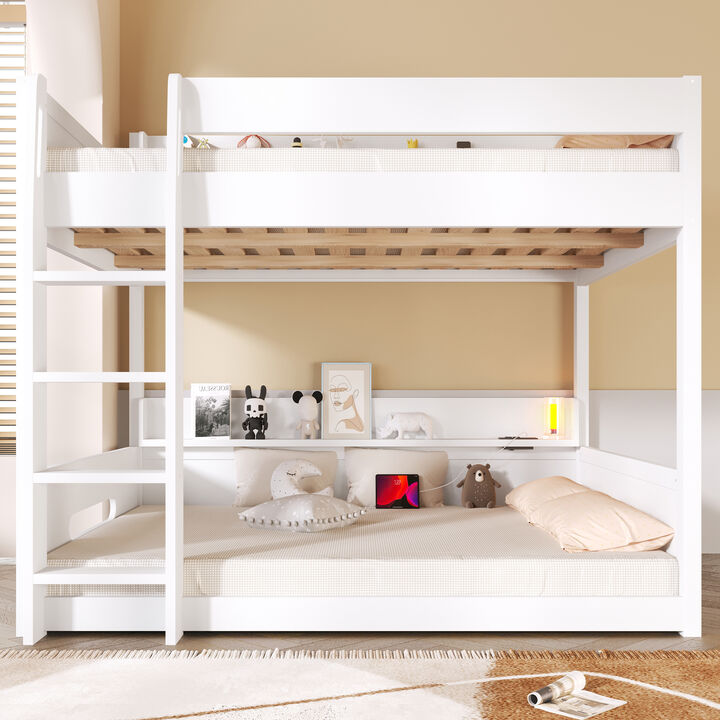 Merax Queen over Queen Wood Bunk Bed with Storage Shelves