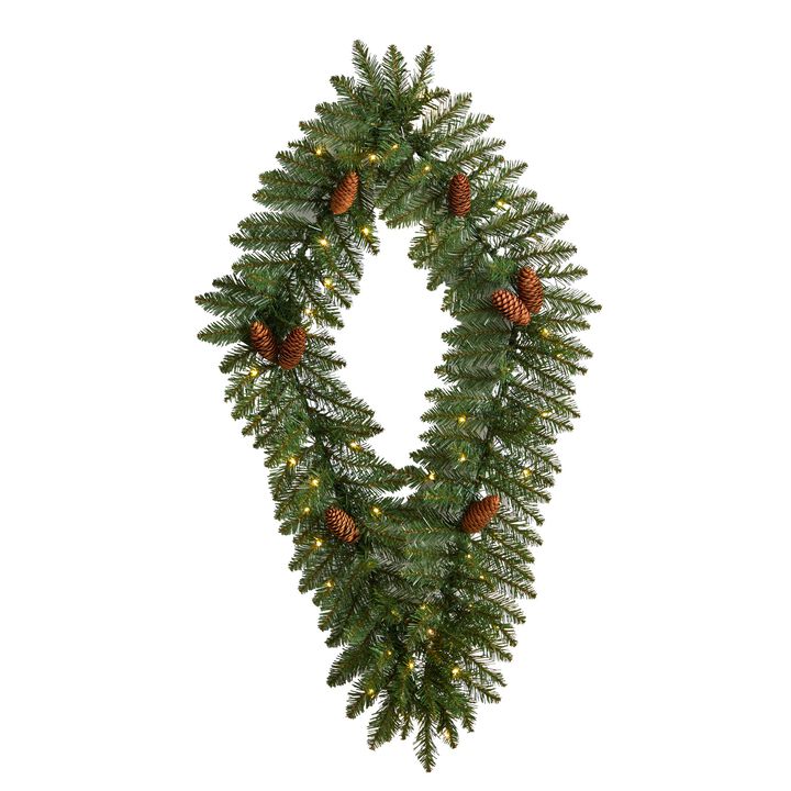 Hivvago 3' Holiday Christmas Geometric Diamond Wreath with Pinecones and 50 Warm White LED Lights