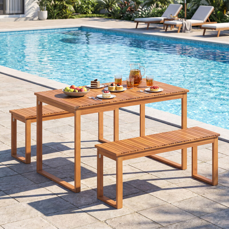 Acacia Wood 3-Piece Outdoor Dining Set with Table and 2 Benches for 4 People image number 7