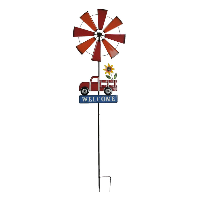 Farmhouse Style Red Farm Truck Windmill Spinner Welcome Garden Stake 72 Inches image number 0