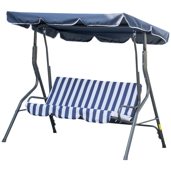 Outsunny 3-Person Patio Porch Swing with Adjustable Canopy for Adults, Steel Frame, Seat & Backrest Cushion, Armrests, Dark Blue & White Striped