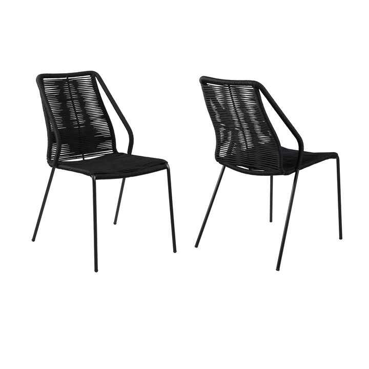 Indoor Outdoor Dining Chair with Fishbone Woven Seating, Set of 2, Black-Benzara
