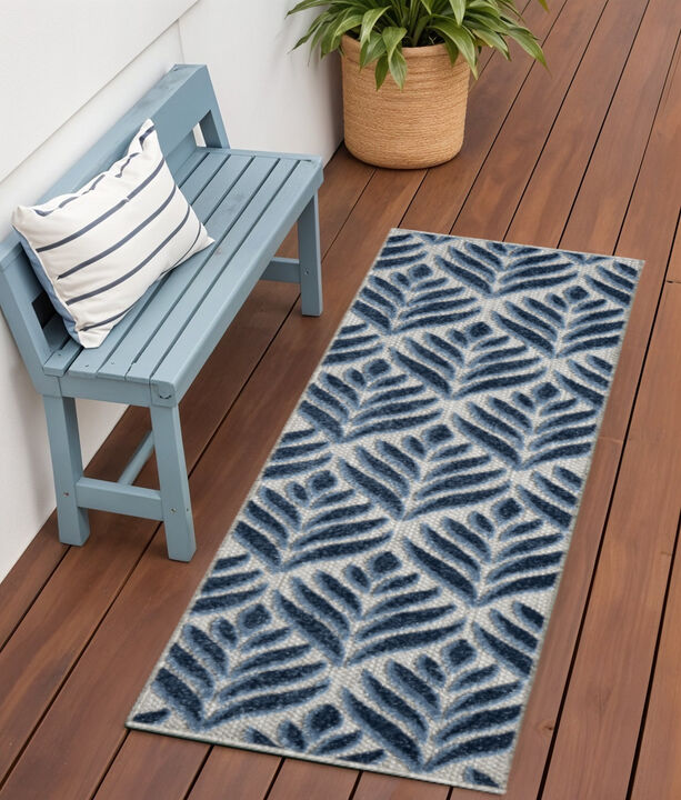 HomeRoots 6' Blue And Gray Botanical Leaves Indoor Outdoor Runner Rug