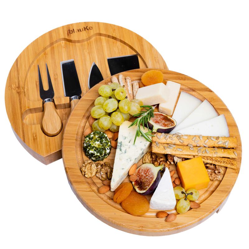 Bamboo Cheese Board and Knife Set - 10 Inch Swiveling Charcuterie Board with Slide-Out Drawer image number 1