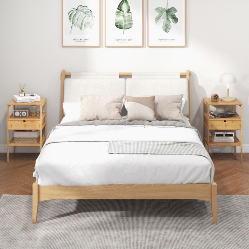 Hivvago Nightstand Set of 2 Bamboo End Table with 2 Open Shelves and Drawer