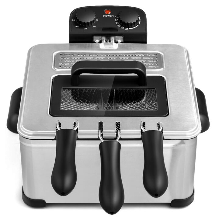 Electric Deep Fryer 5.3QT/21-Cup Stainless Steel 1700W with Triple Basket