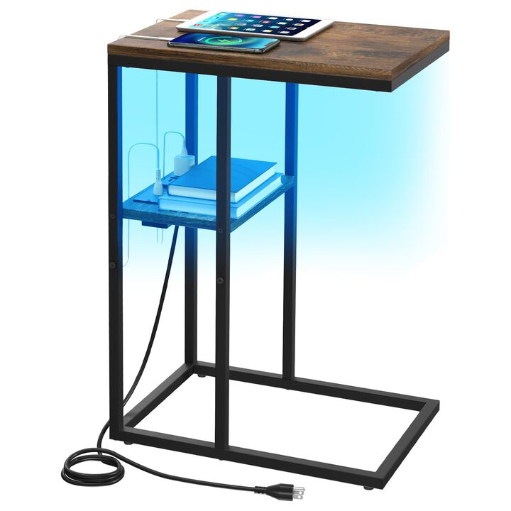 Yoobure LED C Shaped End Table with Charging Station, Small Side Tables for Living Room Bedroom, TV Tray Table with USB Ports an