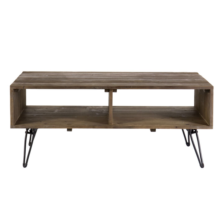 Betsy 42 Inch Reclaimed Wood Rectangle Farmhouse Coffee Table With Storage, Iron Legs, Natural Brown