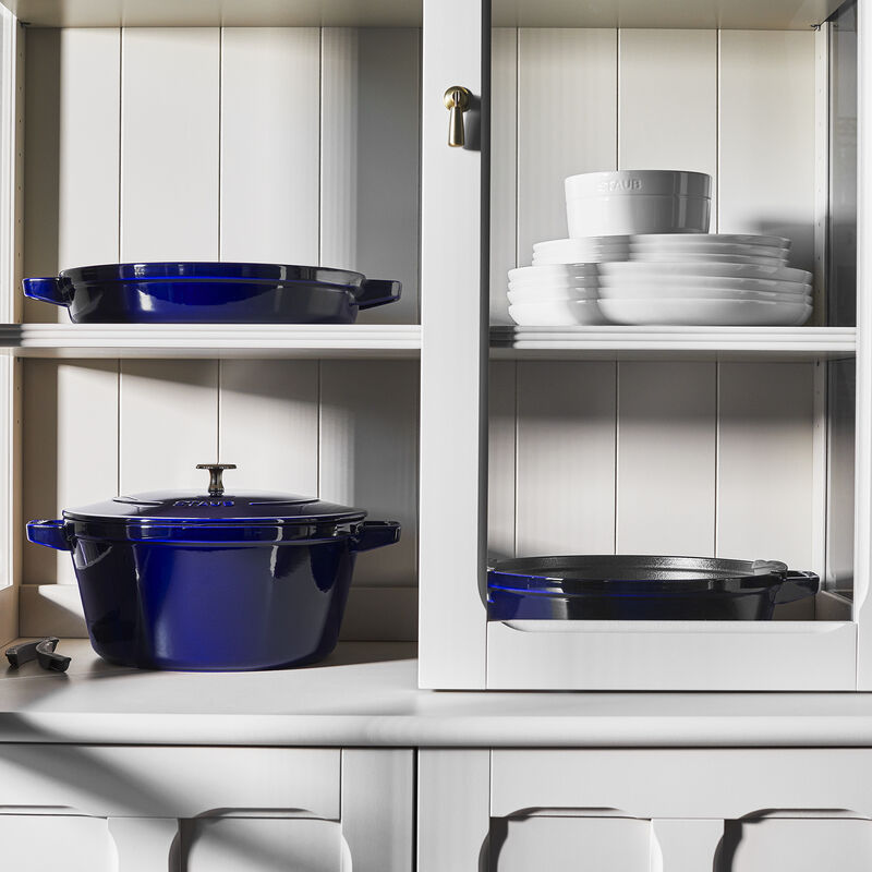 STAUB Cast Iron Set 4-pc, Stackable Space-Saving Cookware Set, Dutch Oven with Universal Lid, Made in France, Dark Blue