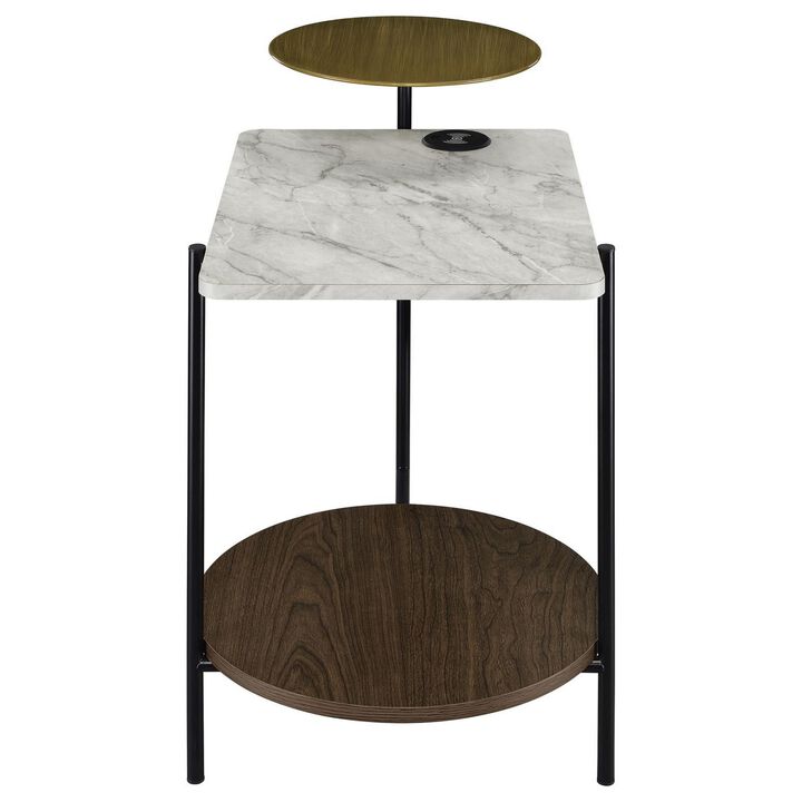 26 Inch Side End Table, 3 Tier Design, USB Port, White, Black, and Brown - Benzara