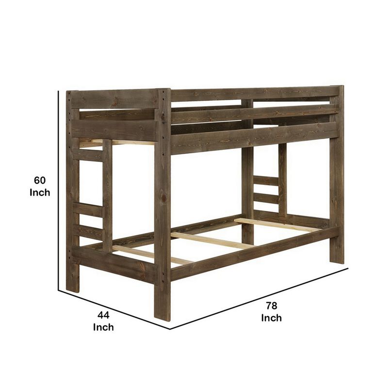 Transitional Style Wooden Twin Over Twin Bunk Bed with Guard Rails, Brown-Benzara