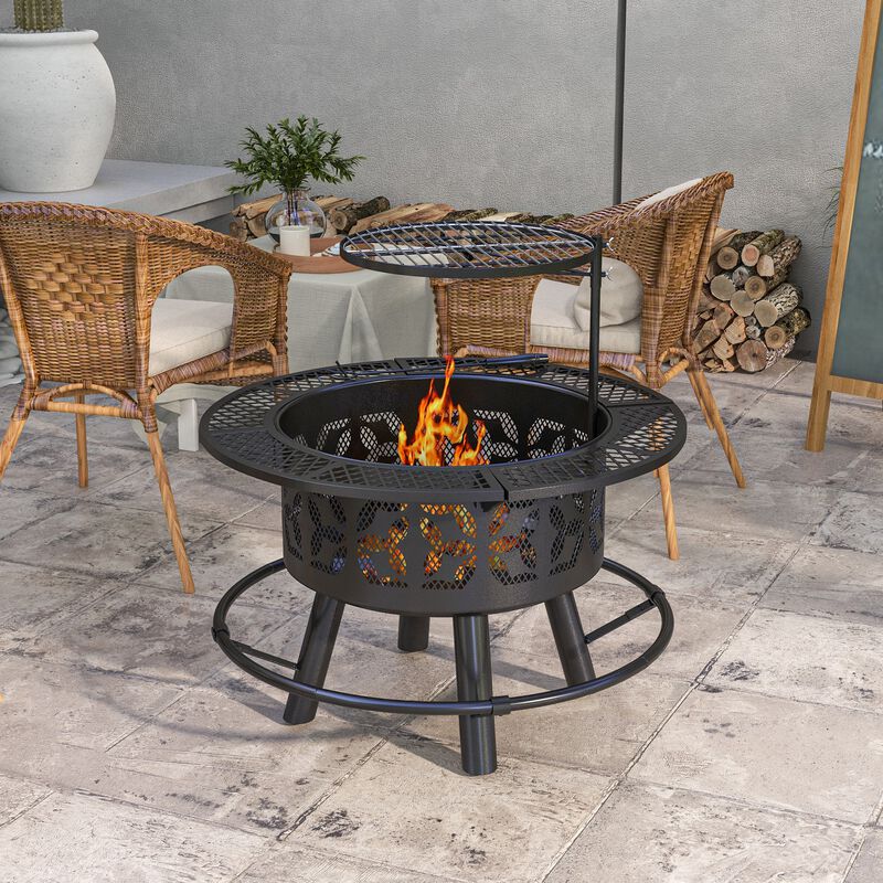 Outsunny 2-in-1 Fire Pit, BBQ Grill, 33" Portable Wood Burning Firepit with Adjustable Cooking Grate, Pan and Poker, Camping Bonfire Stove for Backyard, Patio, Picnic, Black