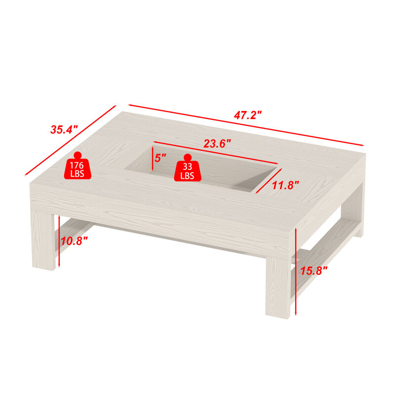 FUFU&GAGA Modern White Wood Coffee Table &ndash; Solid Wood, Spacious Tabletop with Built-in Storage, Sturdy Frame (47.2" W x 35.4" D x 15.8" H), White