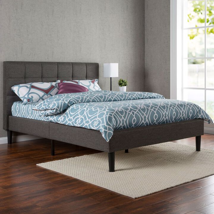 QuikFurn Twin size Classic Grey Fabric Upholstered Platform Bed with Padded Headboard