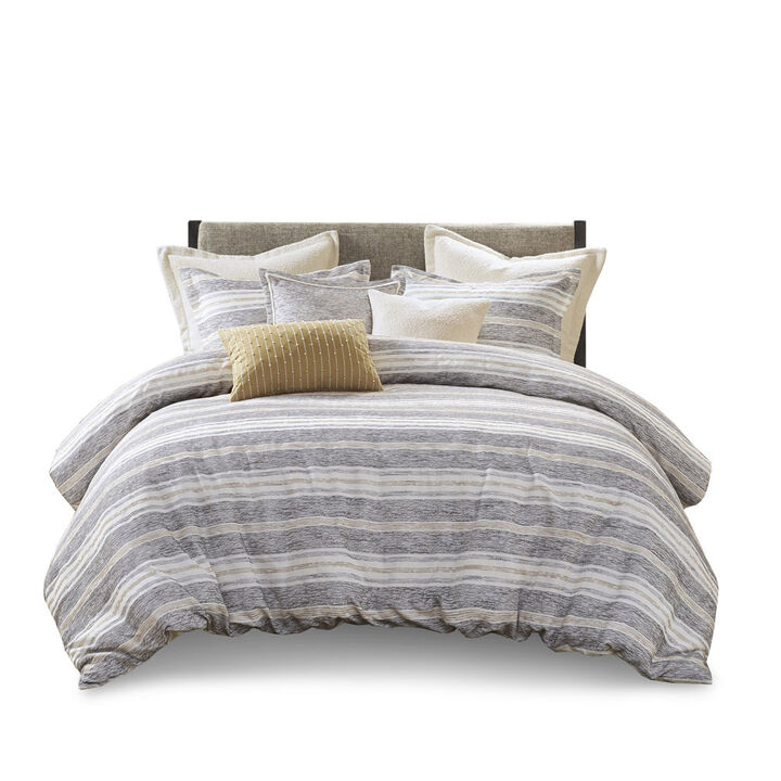 Gracie Mills Innis Chenille Jacquard Striped Comforter Set with Euro Shams and Decorative Pillows