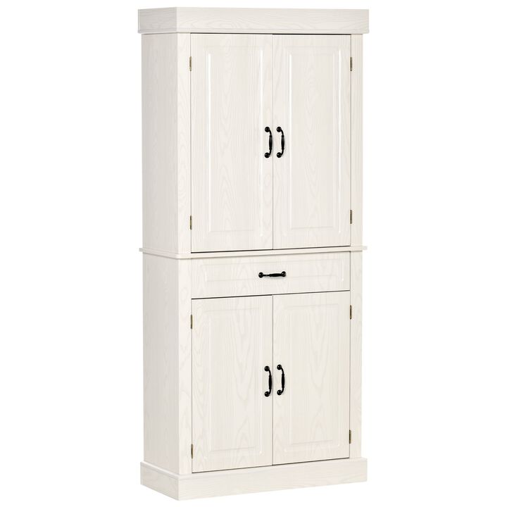 71" Freestanding Kitchen Pantry with 4 Doors, and 2 Large Cabinets, Tall Storage Cabinet with Wide Drawer for Kitchen Dining Room, White