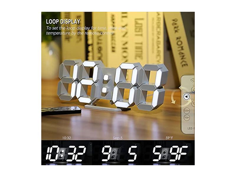 LED Digital Display Table Desk Remote Wall Clock 7 Inch White Home Decor image number 2