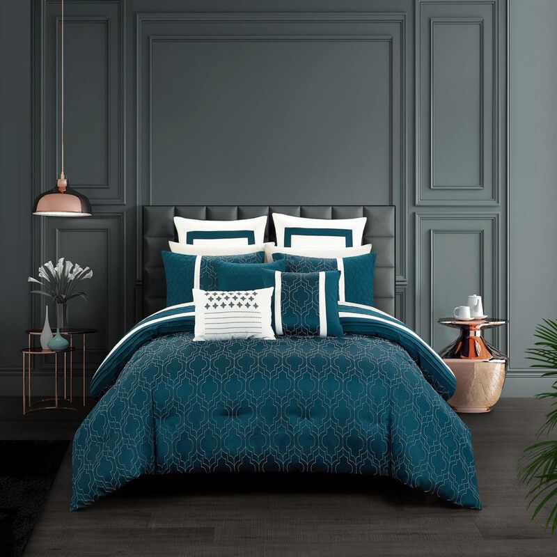 Chic Home Arlow Comforter Set Jacquard Geometric Quilted Pattern Design Bedding Teal Blue, Queen image number 1
