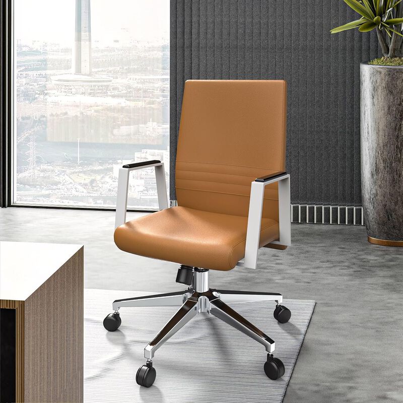 LeisureMod Aleen Mid-Century Modern Office Chair in Upholstered Leather and Iron Frame with Swivel and Tilt
