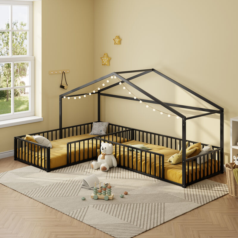 Merax Double Twin Size L-Shaped Montessori Bed, Metal Corner House Bed Frame with Fence image number 4
