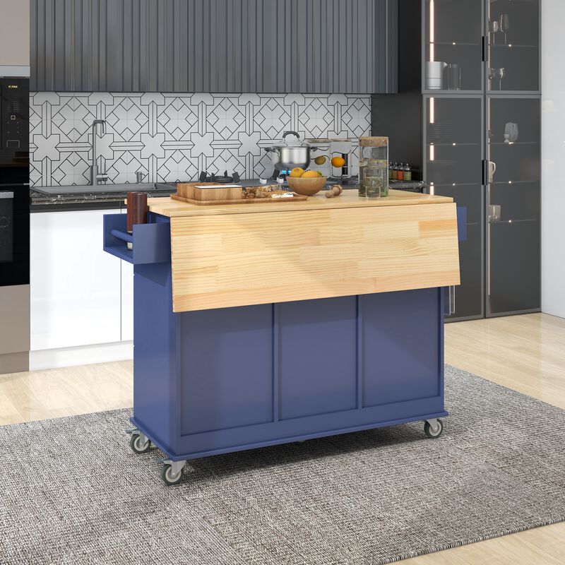 Rolling Mobile Kitchen Island with Drop Leaf  Solid Wood Top, Locking Wheels & Storage Cabinet