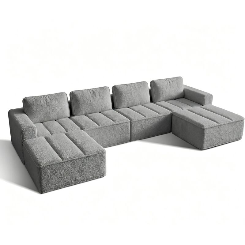 Vipbear 145.6" Modular U-Shaped Cloud Sectional Sofa, Fluffy Teddy Fabric Convertible Couch image number 0