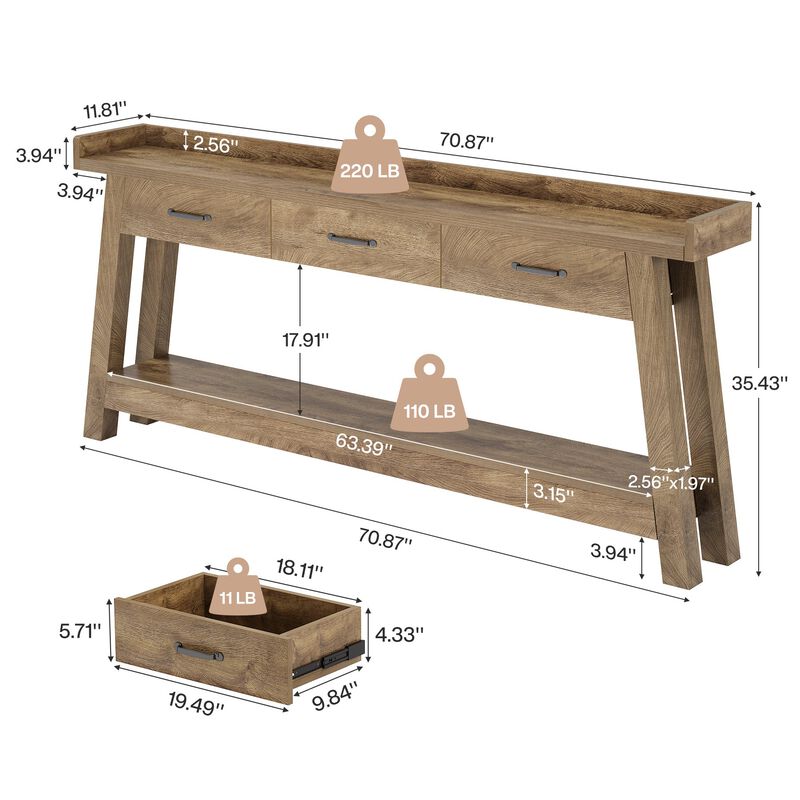 Long Console Table with 3 Drawers, 2-Tier Sofa Table for Entryway & Hallway - Brown image number 2