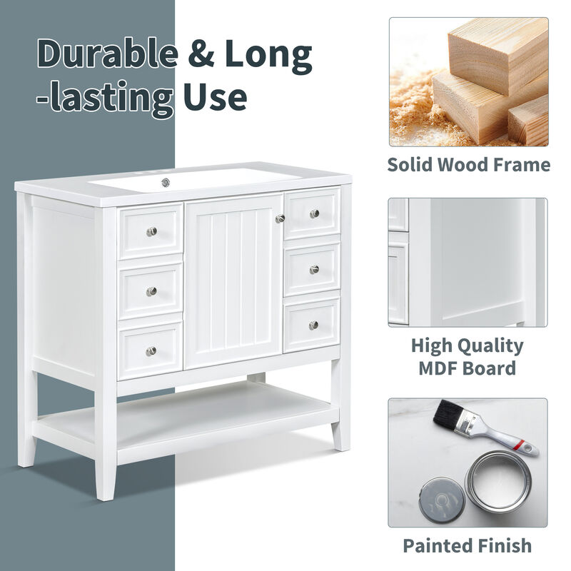 Whisen 36" Bathroom Storage Cabinet Bathroom Vanity with Ceramic Sink, One Cabinet and 3 Drawers image number 7
