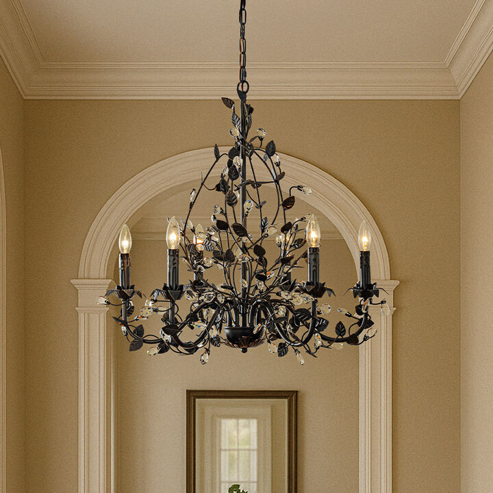 Contemporary Dark Bronze Leaf Chandelier Elegant With Crystal Accents For Dining Room