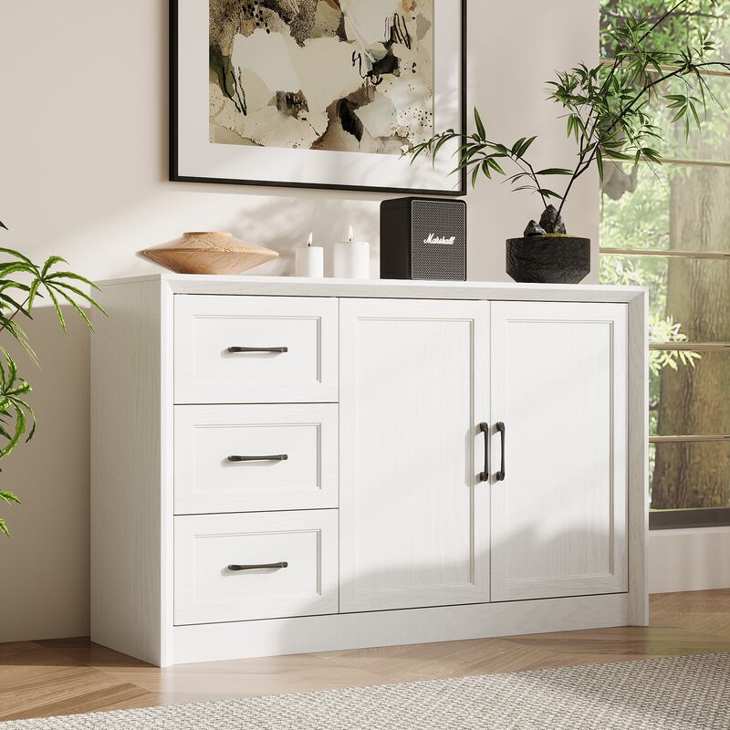 FUFU&GAGA 2-Door 3-Drawer Storage Cabinet with Black Metal Handles, Wood Grain Finish (47.2"W x 15.7"D x 30.7"H), White Oak