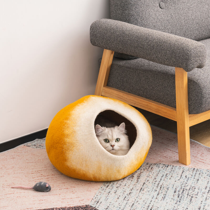Cat Cave Bed -Handmade Wool Cat Bed Cave with Mouse Toy