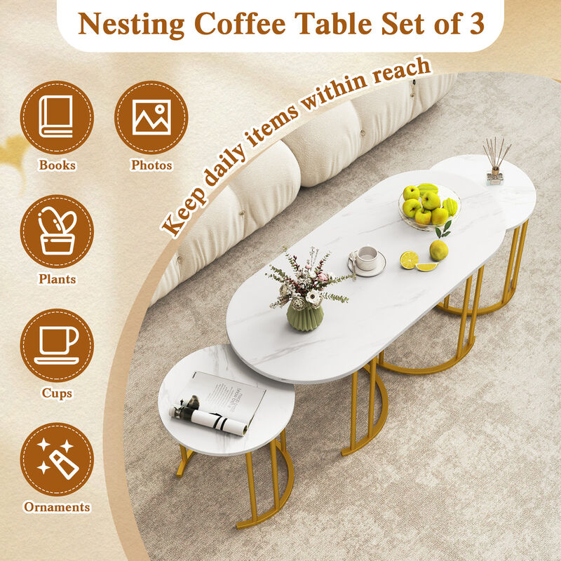 Nesting Coffee Table Set of 3 with Faux Marble Tabletop and Powder-coated Gold Metal Frame image number 6