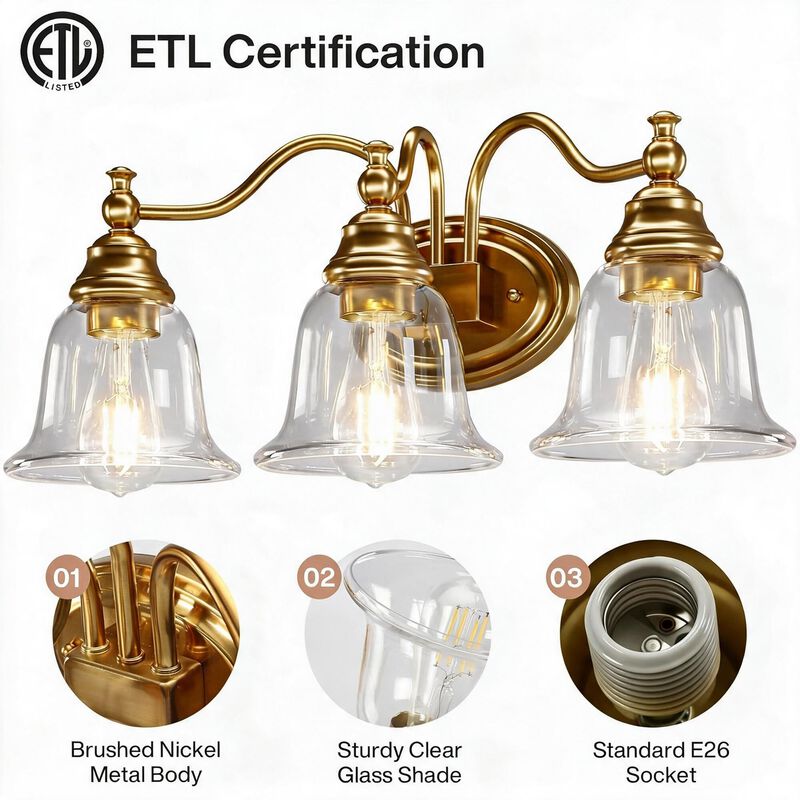 Gold Bathroom Vanity Light, Three-Light Clear Glass Bell Shades image number 8