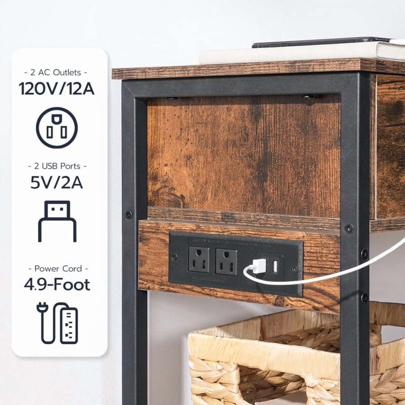 3-Tier Industrial Slim Console Table with Charging Station & Drawers image number 4