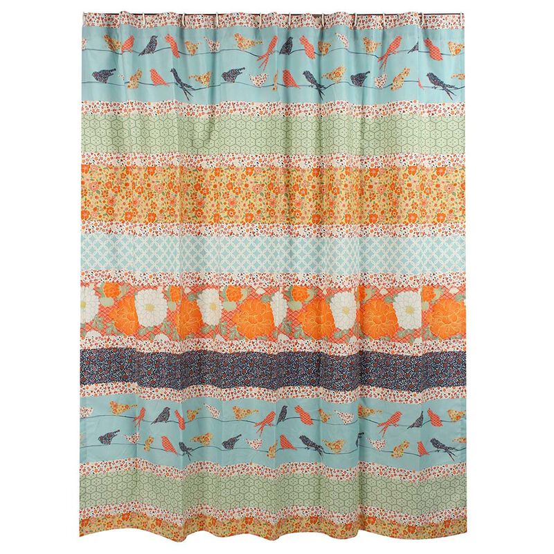 Barefoot Bungalow Carlie Florals and Whimsical Songbirds Shower Curtain 72"x72" Calico Stripe