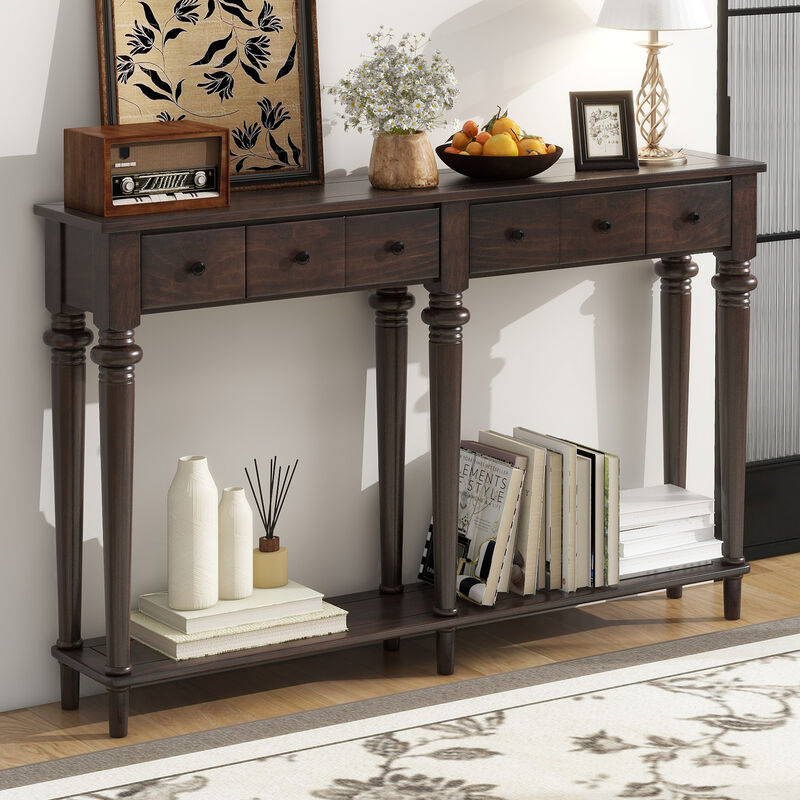 Clihome Entryway Table with 4 Drawers, Retro Console Table with Open Shelf for Entryway
