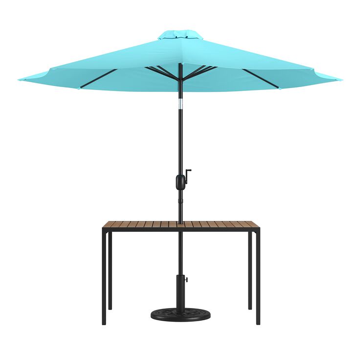 Flash Furniture Lark 3 Piece Outdoor Patio Table Set - Natural Faux Teak Dining Table - 30" x 48" Synthetic Teak Patio Table with Teal Umbrella and Base