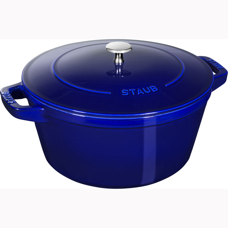 STAUB Cast Iron Set 4-pc, Stackable Space-Saving Cookware Set, Dutch Oven with Universal Lid, Made in France, Dark Blue
