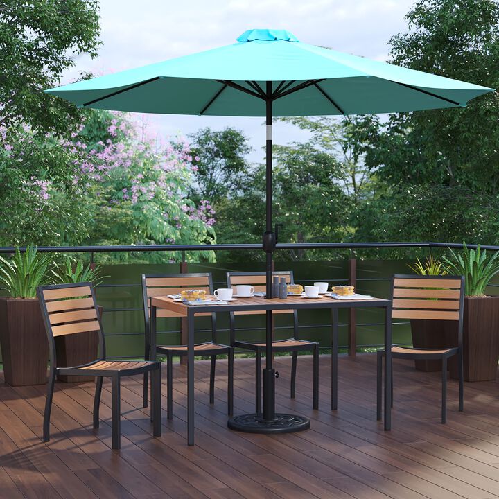 Flash Furniture Lark 7 Piece Patio Table Set - 4 Synthetic Stackable Faux Teak Chairs - 30" x 48" Faux Teak Table - Teal Umbrella with Base