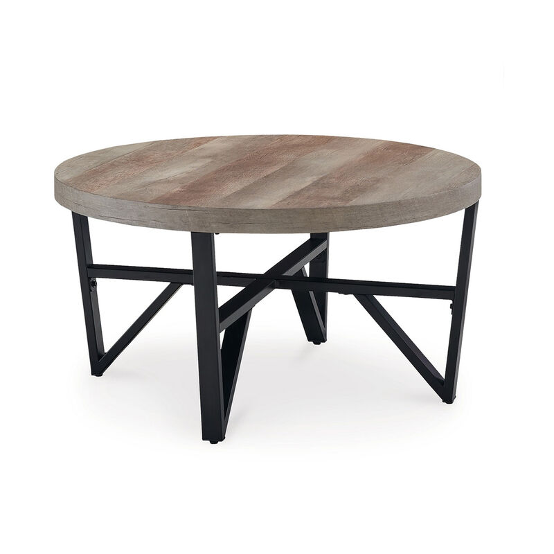 Hya 3pc Coffee and End Table Set, Brown Wood Round Top, Black Angular