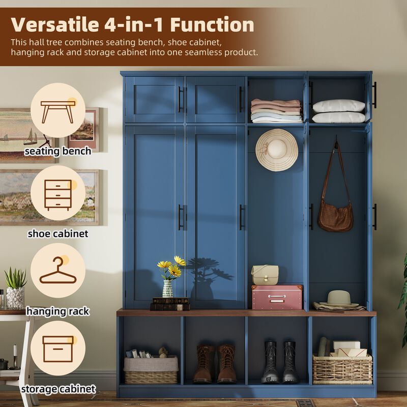 Farmhouse Hall Tree with Hidden Hooks, Walnut Bench, 8 Door Entryway Shoe Cabinet, Open Storage