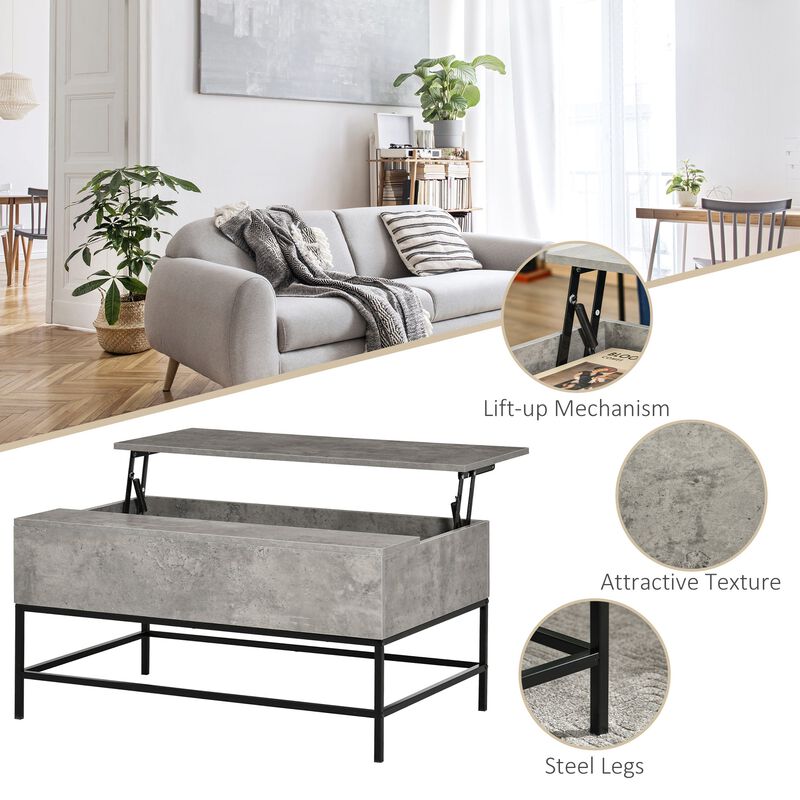 Modern Lift Top Coffee Table Rectangle Coffee Table with Steel Legs, Lift-Top Design and Hidden Storage Compartment for Living Room, Grey