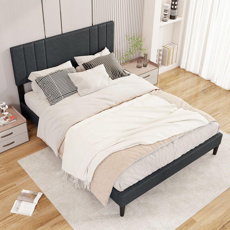 Bed Frame with Vertical Channel Tufted Headboard and Sturdy Wooden Slats