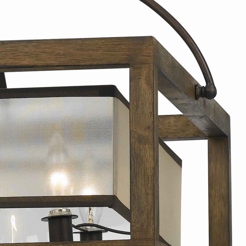 6 Bulb Square Chandelier with Wooden Frame and Organza Striped Shade, Brown - Benzara