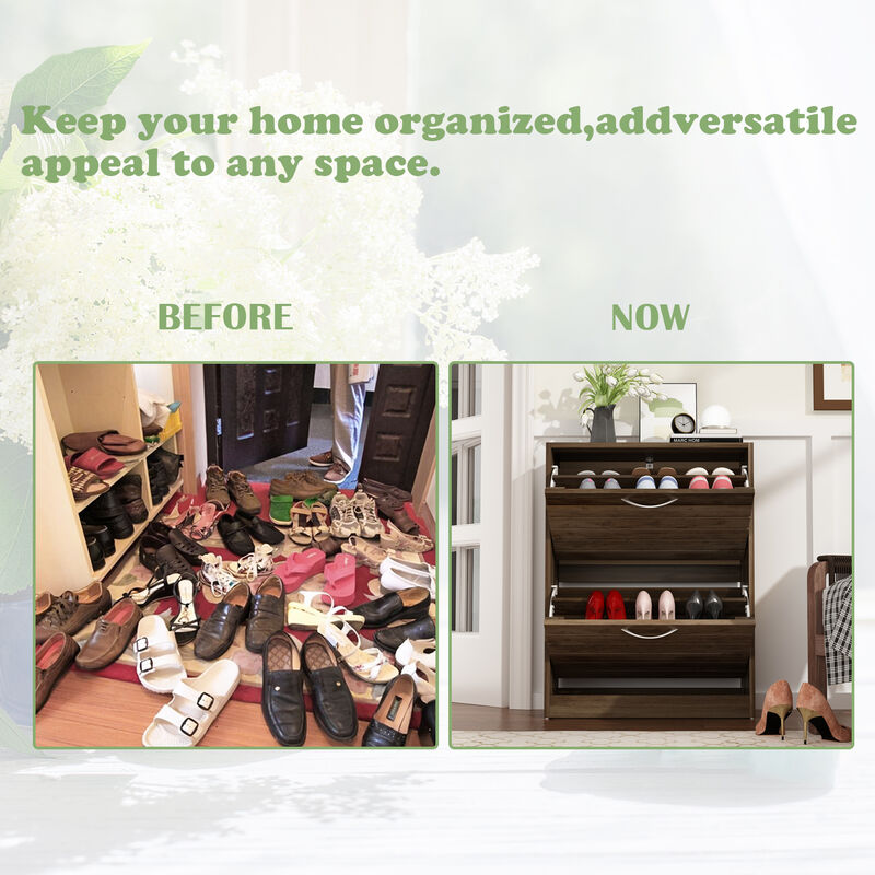 FUFU&GAGA Brown Louvered Shoe Cabinet with 3 Adjustable Shelves and Modern Design (22.4" W x 9.4" D x 29.5" H), Engineered Wood Construction