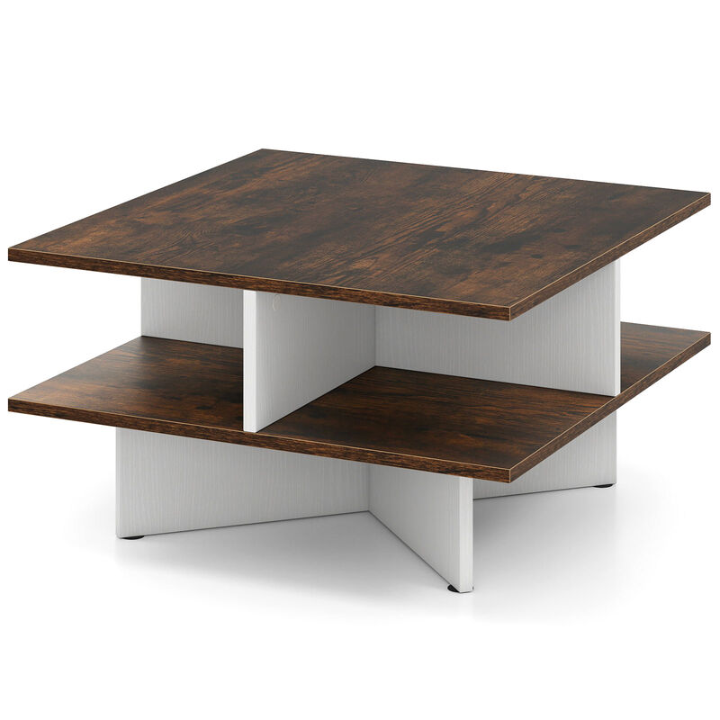 Modern 2-Tier Square Coffee Table Featuring 4 Functional Storage Compartments