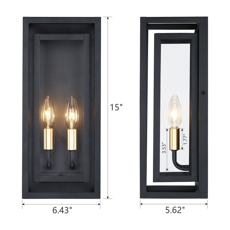 2-Pack 15 in. Traditional Farmhouse Sand Black and Gold 2-Light Outdoor Wall Lanterns with Clear Glass image number 2