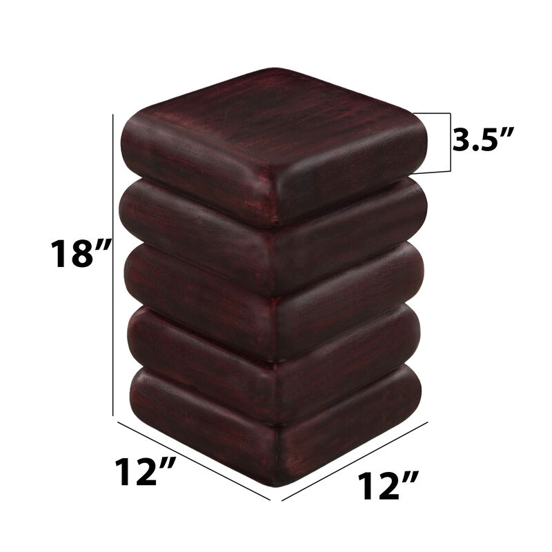Zyra 18" Side End Table | Sculptural Stacked Design |  Dark Cherry Brown Acacia Wood