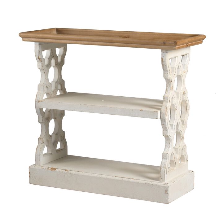 35 Inch 3 Tier Console Table, Fir Wood, Carved Panels, Brown and White-Benzara